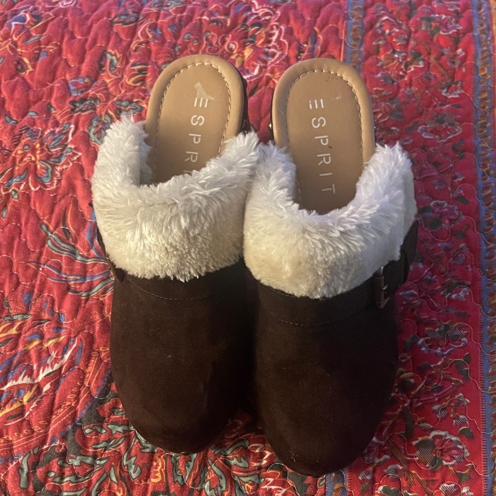 Esprit Cozy Brown Mules with Cream Fur Like New!